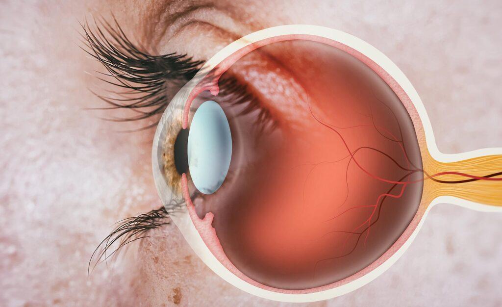 A detailed close-up diagram by Dr. Maeve O'Doherty highlighting the anatomical structure of a human eye, including the cornea, iris, and optic nerve, with realistic skin texture and